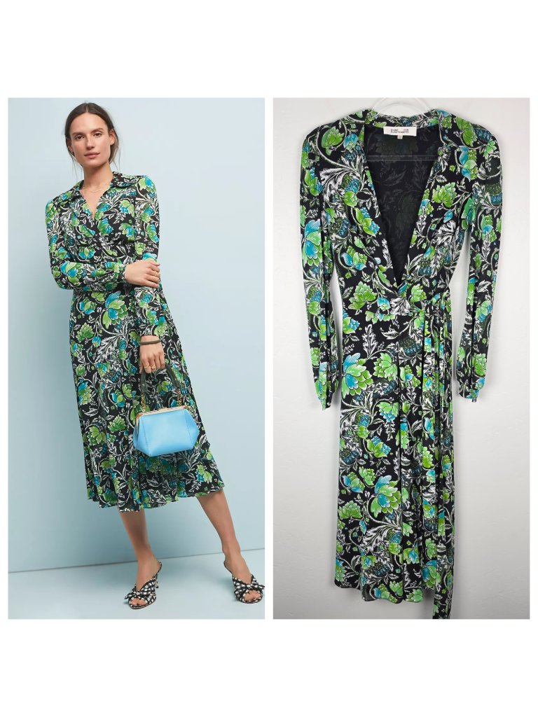 Diane Von Furstenberg Phoenix Wrap Midi Dress Long Sleeve Floral Green Size S